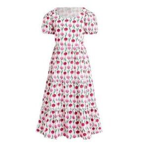 J.Crew Floral Tiered Poplin Midi Dress Puff-Sleeve White Pink Size M